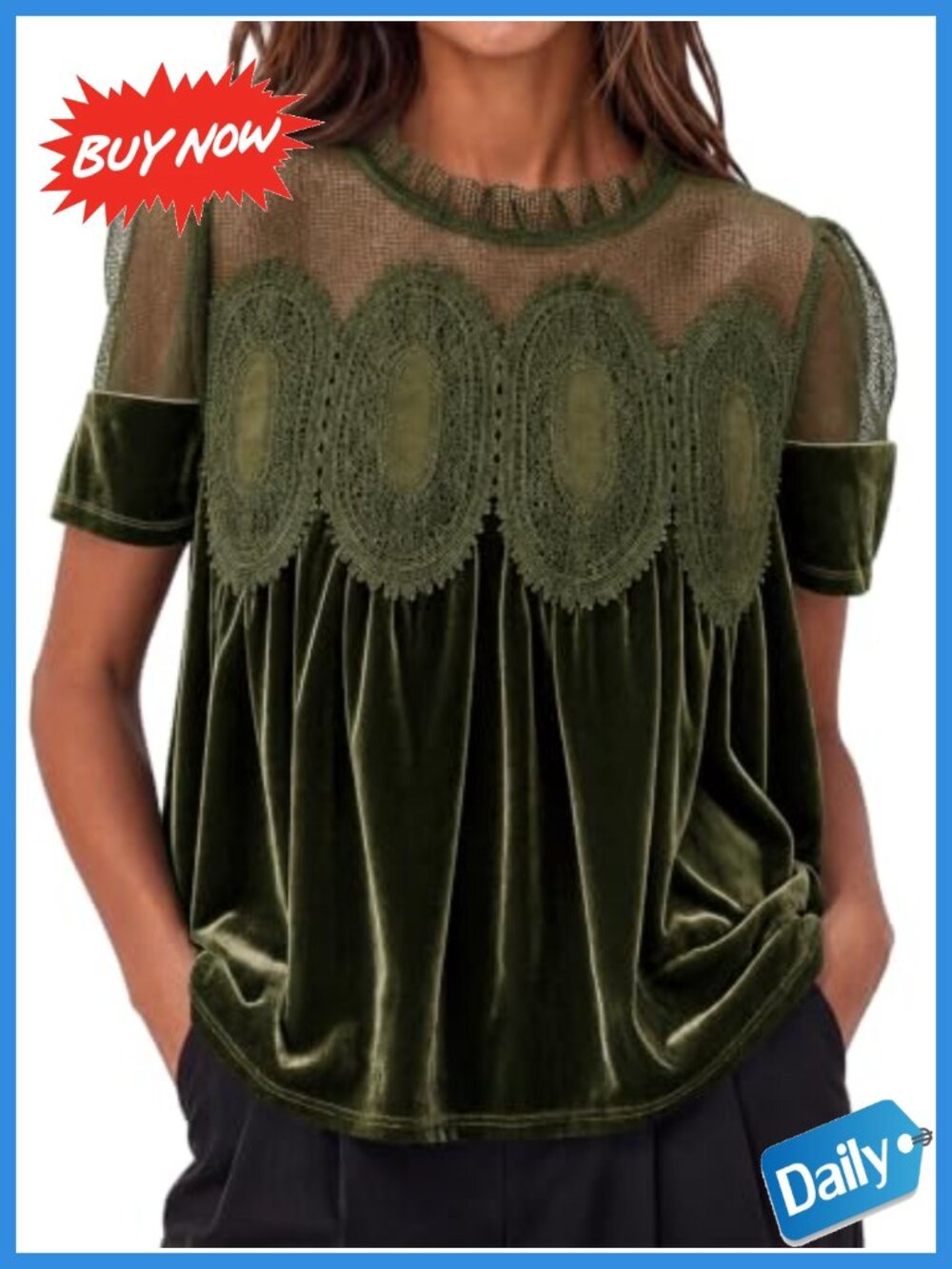 Velvet Lace Babydoll Blouse Puff Sleeve Peplum Top